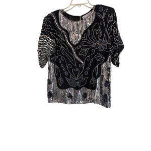 Bycks womens M blouse black beaded sequence blouse Top M india Silver Floral
